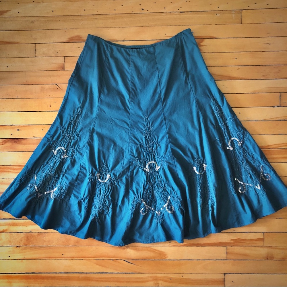 Y2K Whimsigoth Bohemian Embroidered Teal Flared Skirt M/L -like Anthropologie